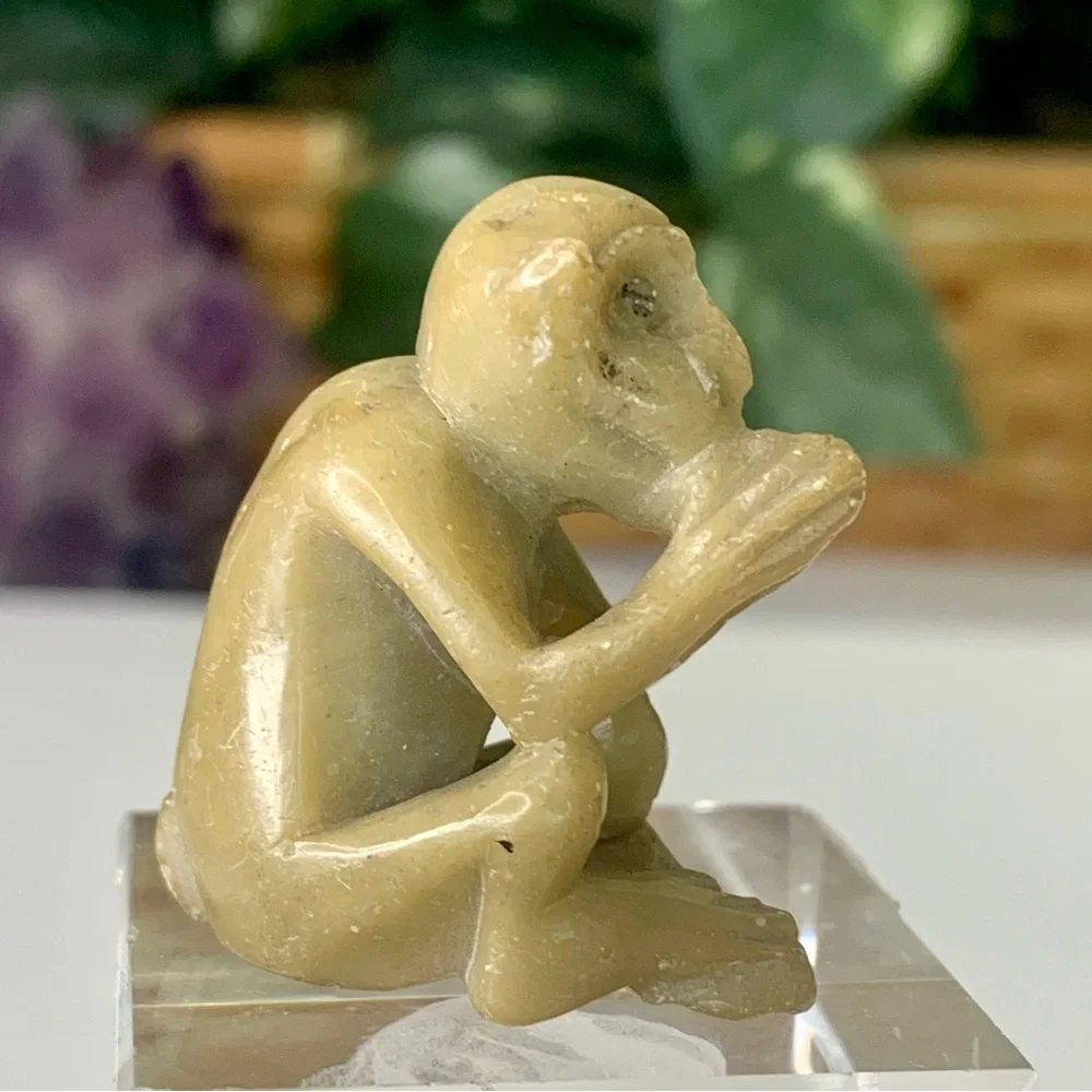 Vintage Soapstone Monkey Figurine Hand Carved Miniature Animal Stone Carving 1.5